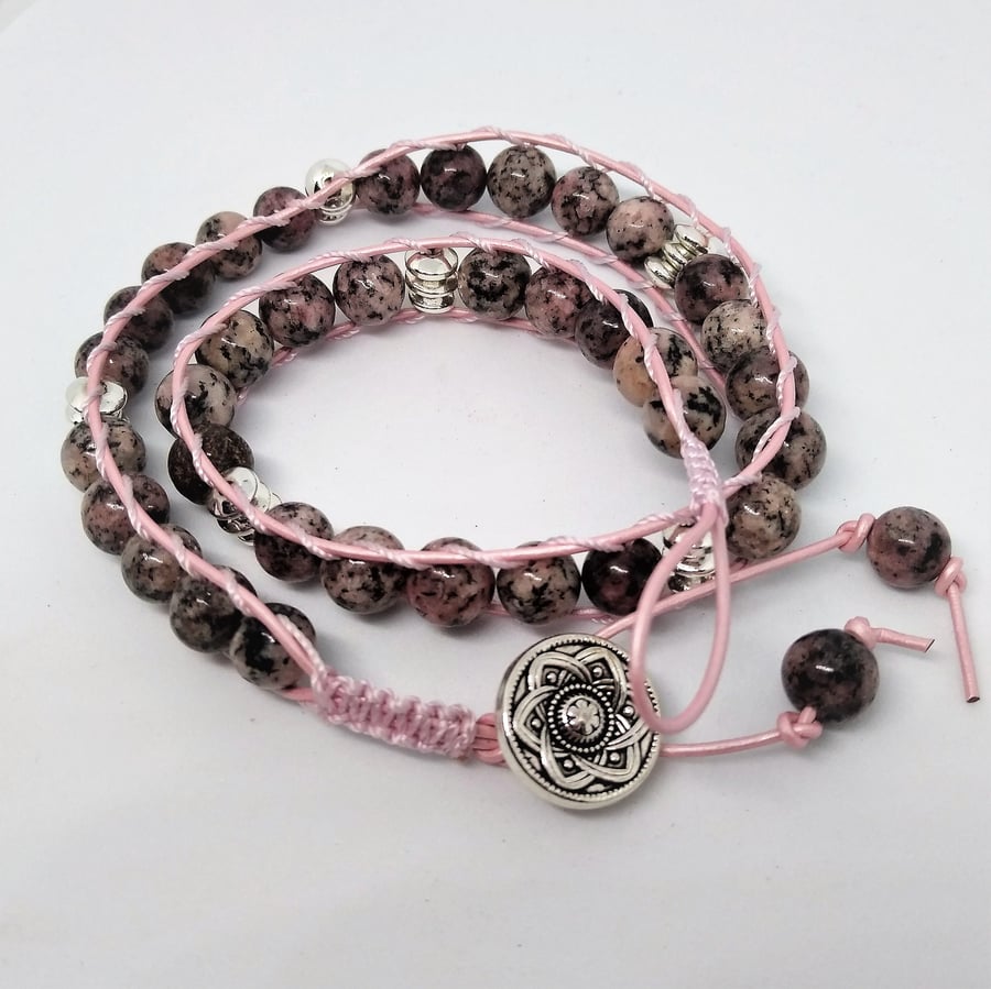 Pink Jasper With Silver Hematite And Pink Leather Wrap Around Bracelet Or Choker