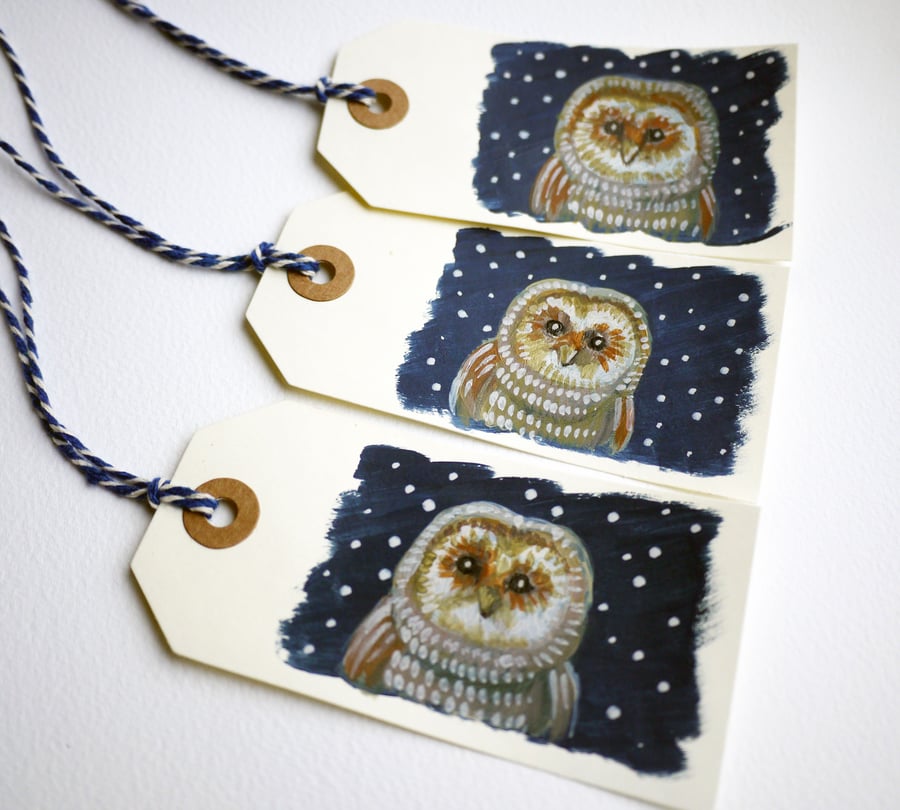 Owl tags, hand painted set of three