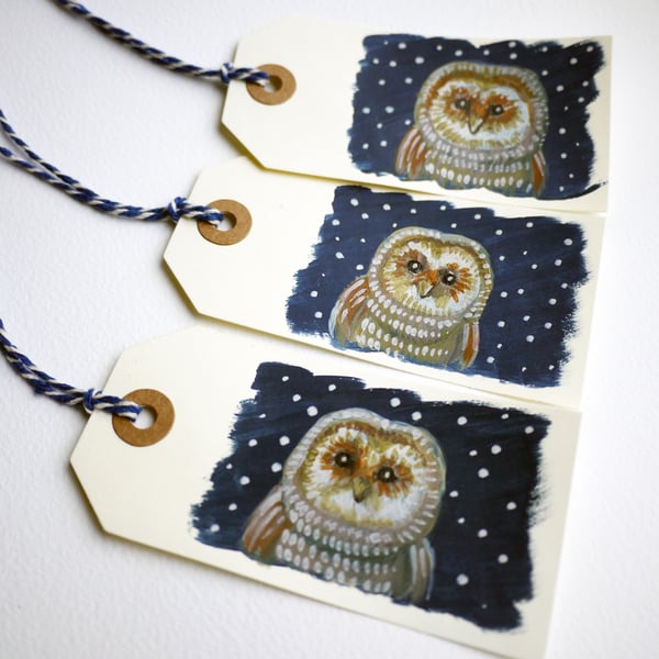 Owl tags, hand painted set of three