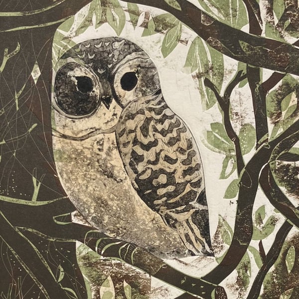 Little Tawny Owlet - Collagraph 