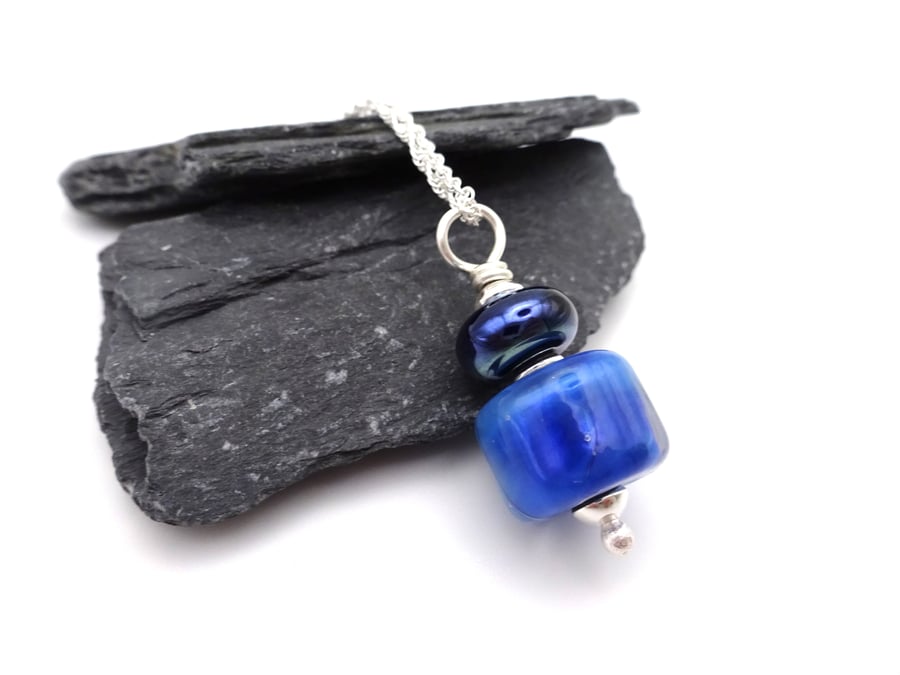 blue lampwork glass pendant necklace