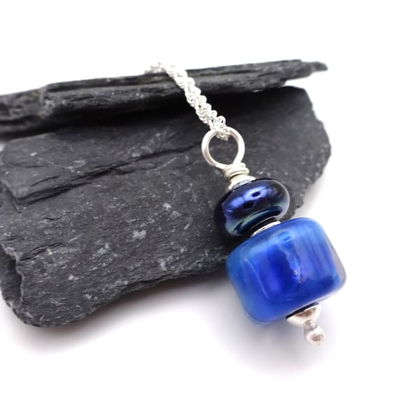 blue lampwork glass pendant necklace