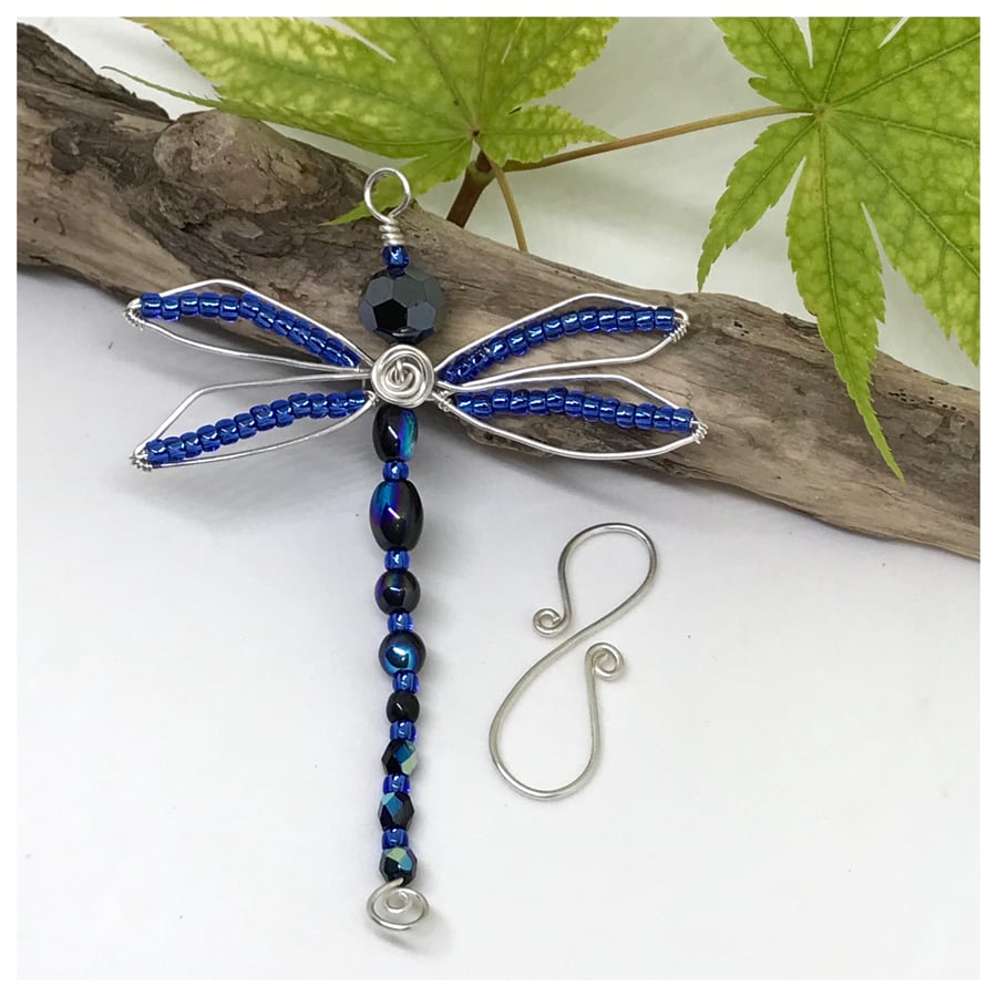 Dragonfly Decoration, Blue Beaded Dragonfly, Hanging Decoration