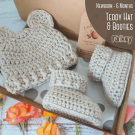 Baby Teddy Bear Hat & Booties Crochet Set 