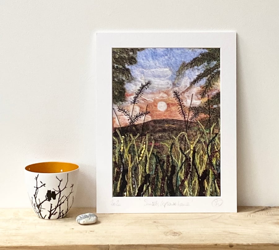 Sunset Landscape mounted textile art print of Yorkshire. 