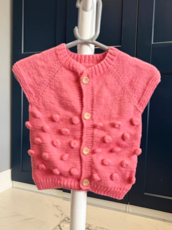 Hand-Knitted Baby Sleeveless Cardigan Vest with Bobbles– Coral Pink (9-12m)