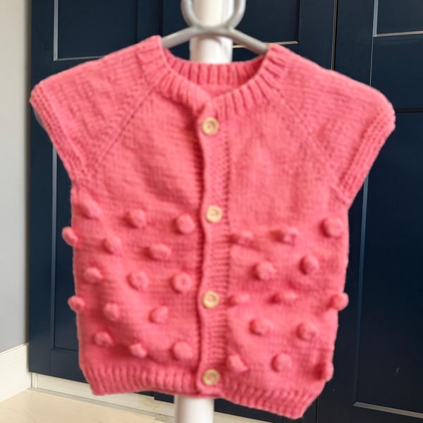 Hand-Knitted Baby Sleeveless Cardigan Vest with Bobbles– Coral Pink (9-12m)