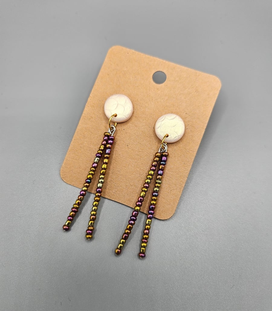 Gold polymer clay and beaded dangle earrings 