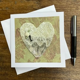 Up-cycled vintage lace embroidered heart card. 