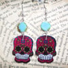 Sugar Skull Day of the Dead Acrylic Skull Charm Silver Earring