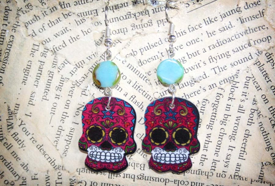Sugar Skull Day of the Dead Acrylic Skull Charm Silver Earring