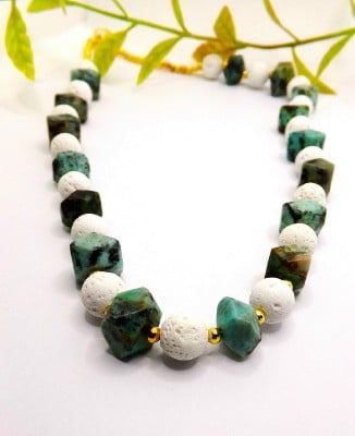 African Turquoise Jasper and Lava Stone Gemstone Necklace