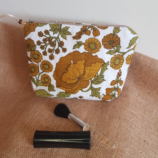 Vintage fabric  zipped pouch or makeup bag: golden poppies : small