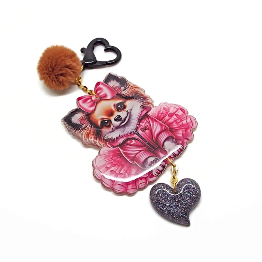 Chihuahua Bag Charm with Heart Clasp and Charm