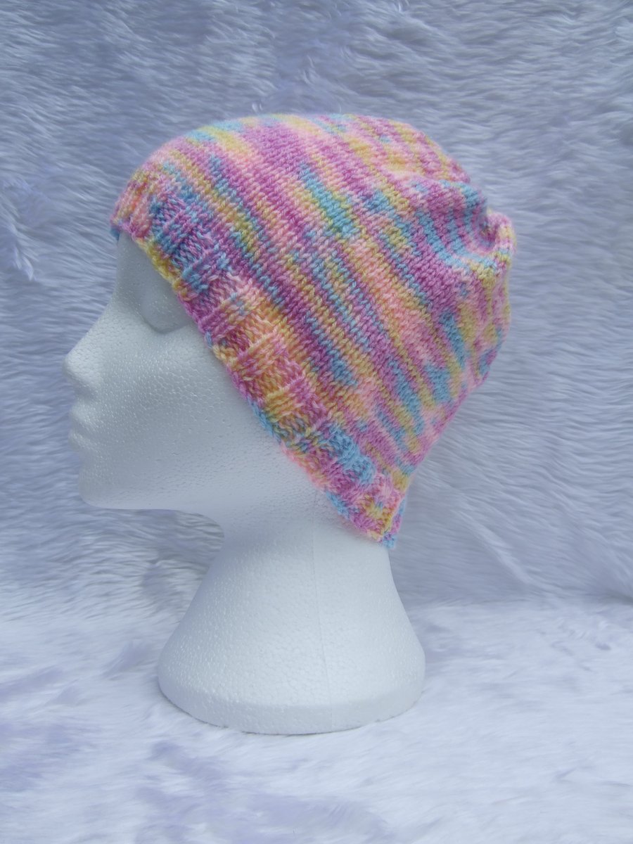 Girls lilac blue and pink hand knitted hat 