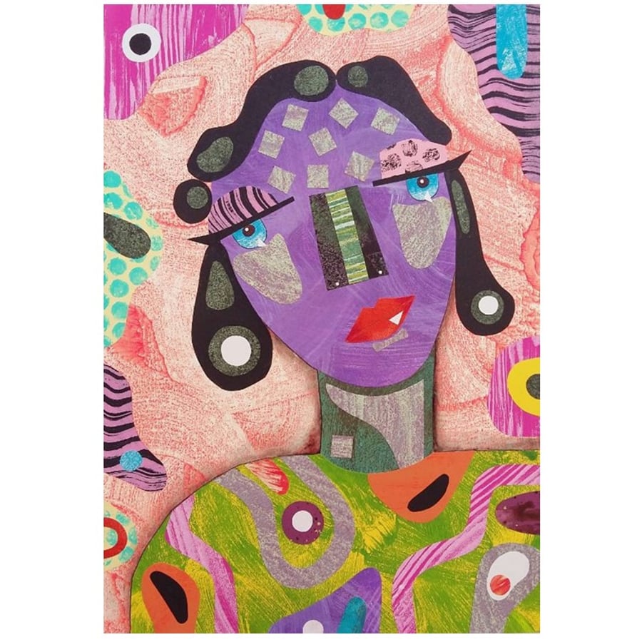 Original Collage Portrait Painting Woman Female Face Colourful Quirky Artwork
