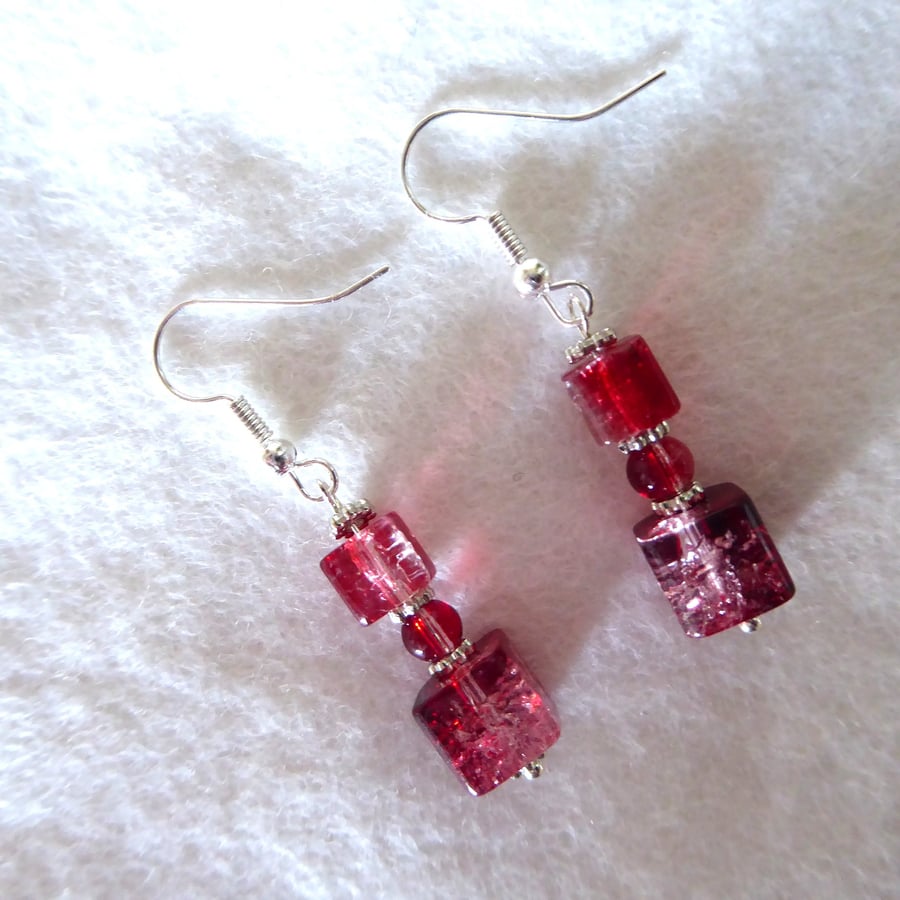 Red Earrings square and round beads silver hooks 4cm dangle