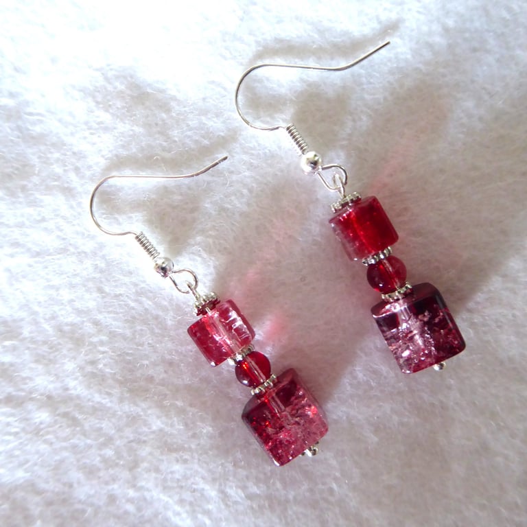 Red Earrings square and round beads silver hooks 4cm dangle