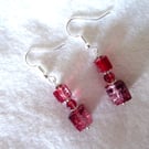 Red Earrings square and round beads silver hooks 4cm dangle