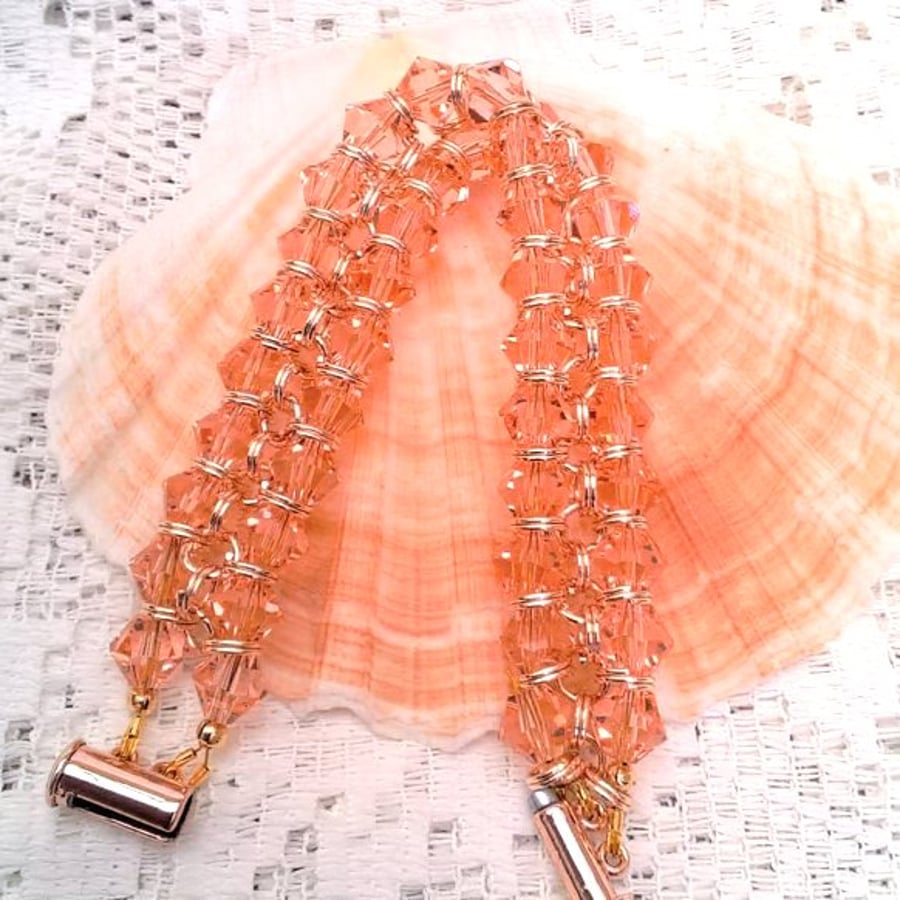 Baby Pink Crystal and Rose Gold Chain Maille 2 Strand Bracelet, Crystal Bracelet