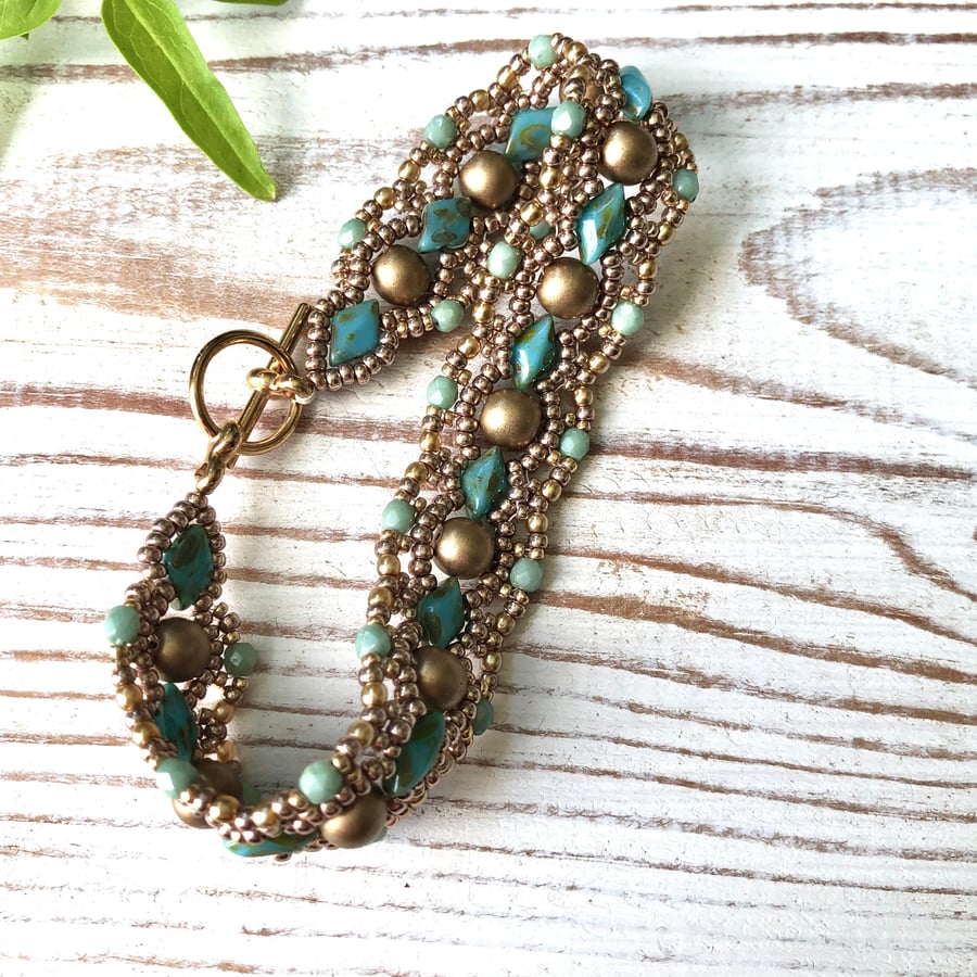 Gold & Green Blue Beadwork Bracelet. Light Turquoise Beaded Bracelet