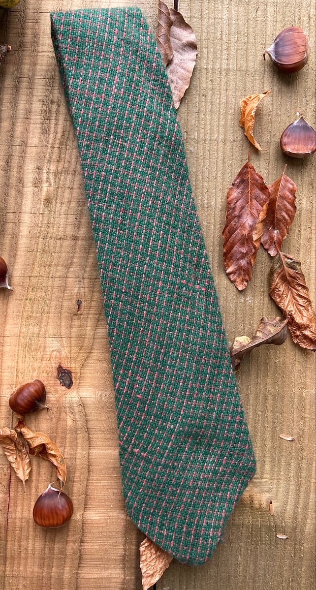 Hand Dyed & Woven Green & Rust Check British Wool Tie