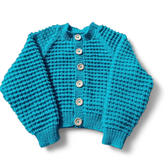 Hand knitted baby cardigan in turquoise with textured pattern 