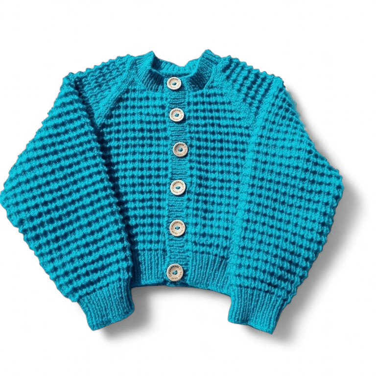 Hand knitted baby cardigan in turquoise with textured pattern 