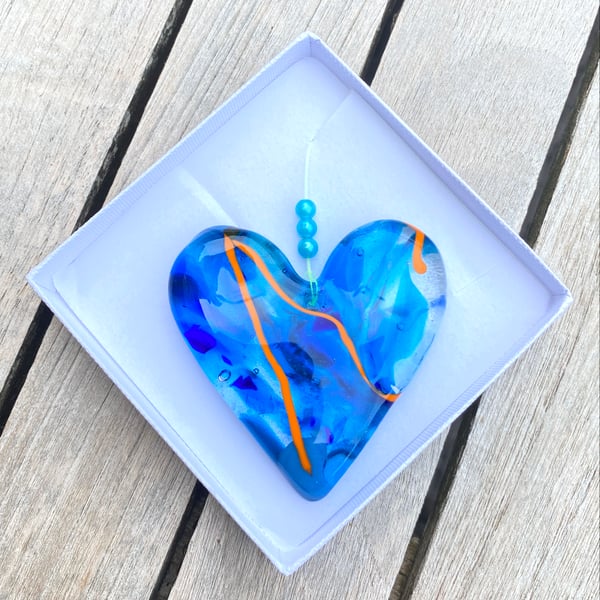 Beautiful blue and orange cast glass heart with blue beads - hanging decoration