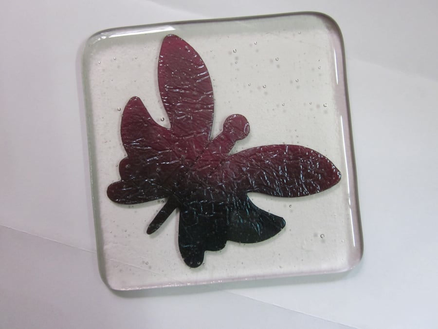 Handmade fused glass coaster - copper butterfly on hint of pink tint