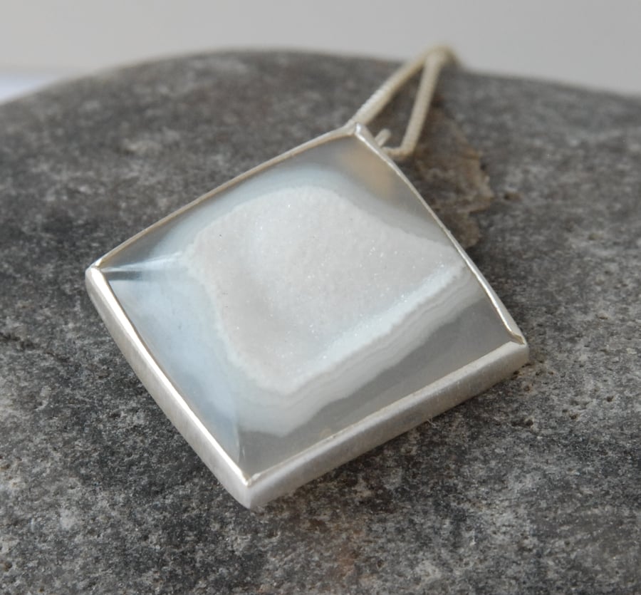 Sterling silver white druzy diamond shaped pendant