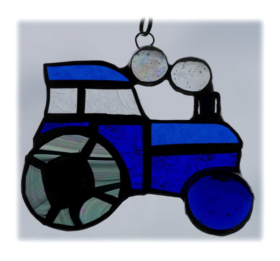 Tractor Suncatcher Stained Glass Blue Handmade 039
