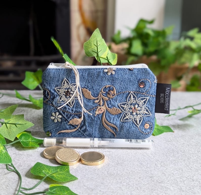 Denim Chambray Purse, Recycled Denim Coin Purse 