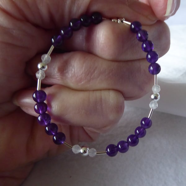 Sterling Silver, Amethyst and Moonstone Bracelet  - February Birthstone