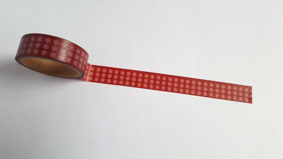 1 x 5m Roll Adhesive Craft Washi Tape - 15mm - Tiny Red Snowflakes 