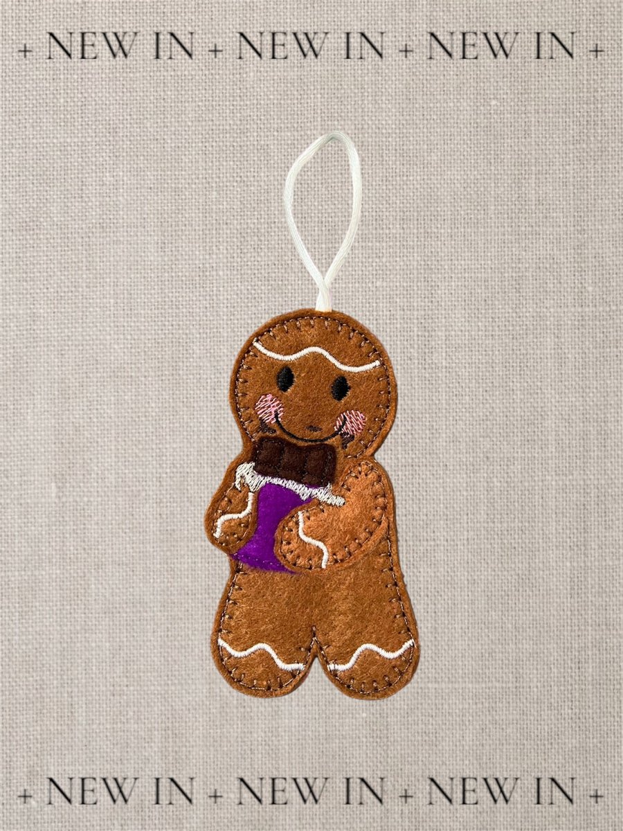 Gingerbread man lady eating bar of chocolate Embroidered Hanging Keepsake 