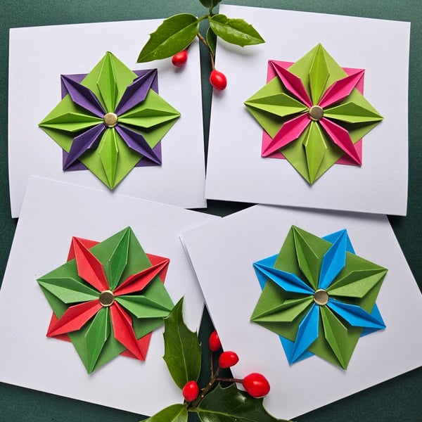 Set of Four Geometric Origami Christmas Cards