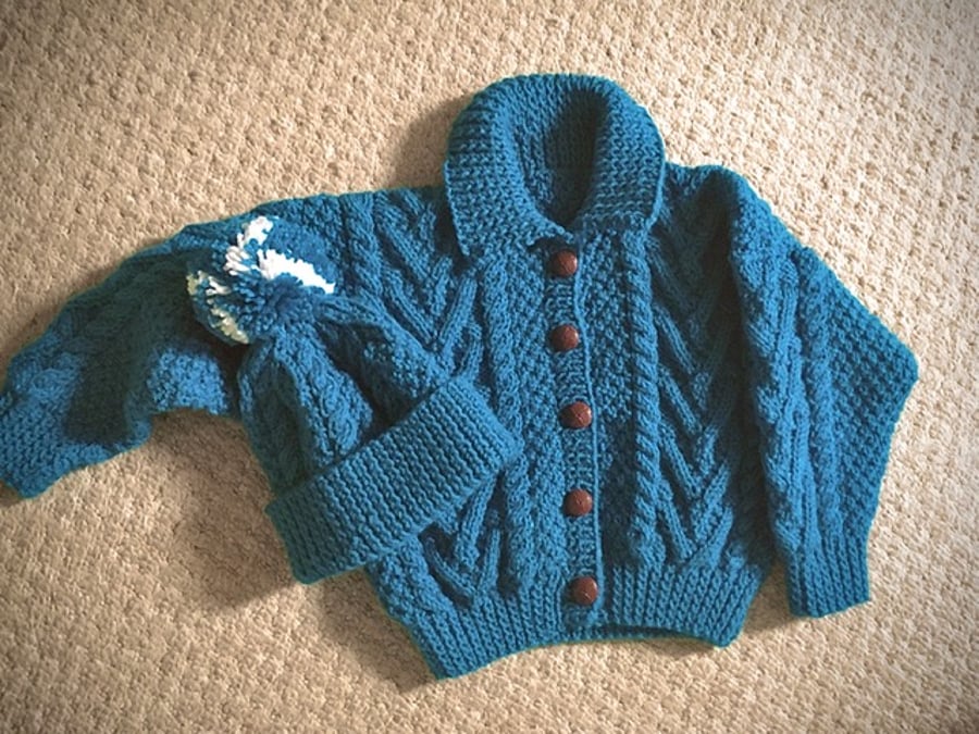 Childs Teal Aran Cardigan and Bobble Hat