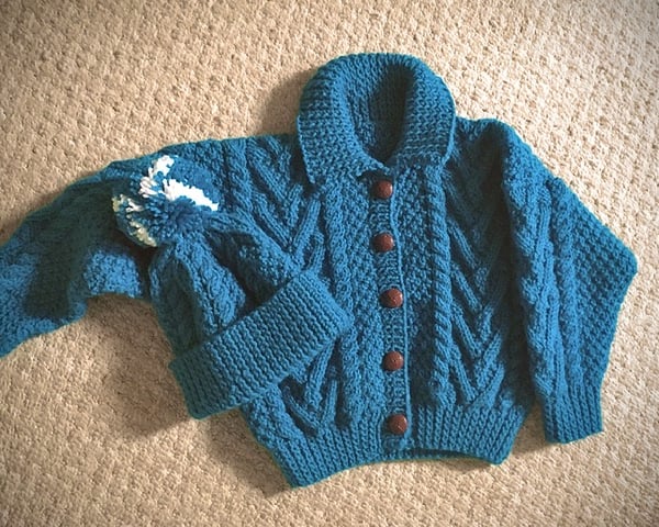 Childs Teal Aran Cardigan and Bobble Hat