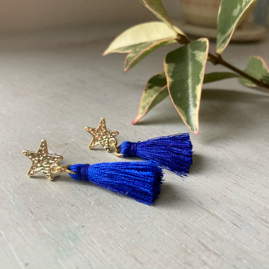 Royal Blue & Gold Star Tassel Earrings