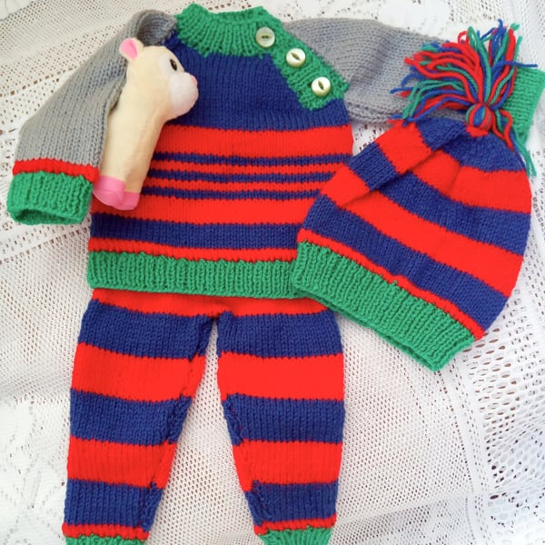 Hand Knitted Baby's 3 Piece Baby's Trousers Jumper and Hat Set, Baby's Outfit