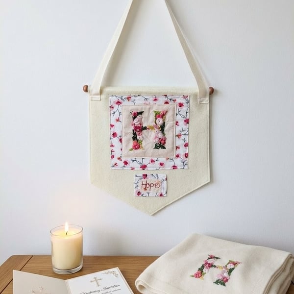 Bespoke Hand Embroidered Monogram Banner - Heirloom Christening & New Baby Gift