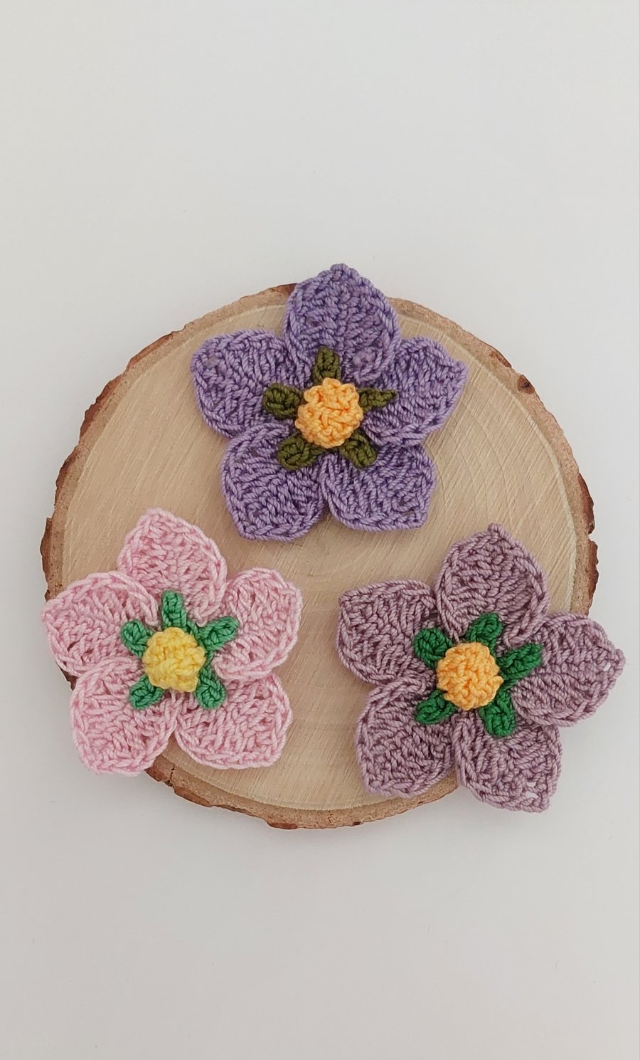 3 Purple Crochet Flowers– Handmade Sewing Crafts