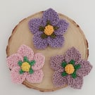 3 Purple Crochet Flowers– Handmade Sewing Crafts