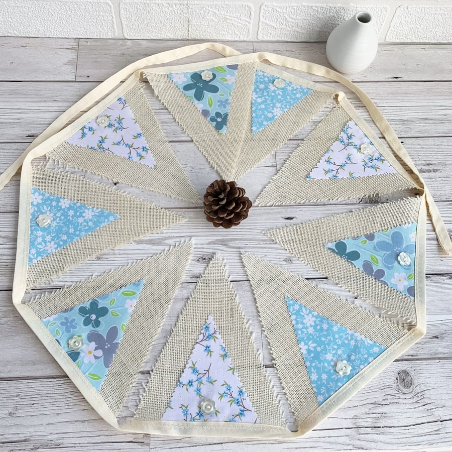 Cream Hessian and Pale Blue Floral Print Fabric Bunting
