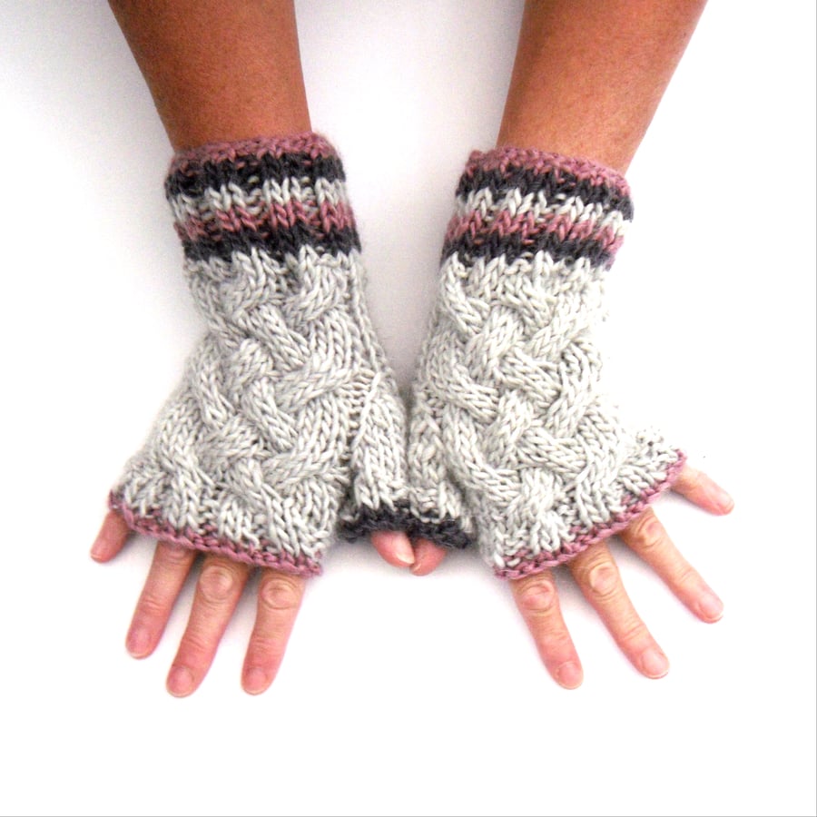 Cable fingerless wool hand warmers , light blue gloves, striped mitts , warm win