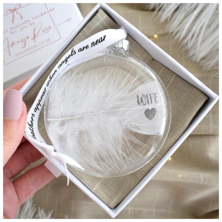 Image of Wife Memorial Round Feather Bauble, In Memory of Wife, Round Glass Christmas Orn