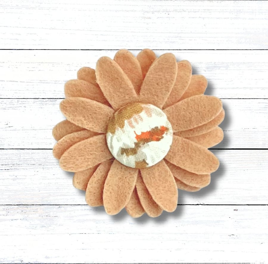 Handmade Felt Brown Flower Brooch with Fabric Button Centre, Christmas Gift
