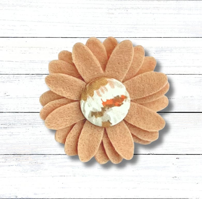 Handmade Felt Brown Flower Brooch with Fabric Button Centre, Christmas Gift