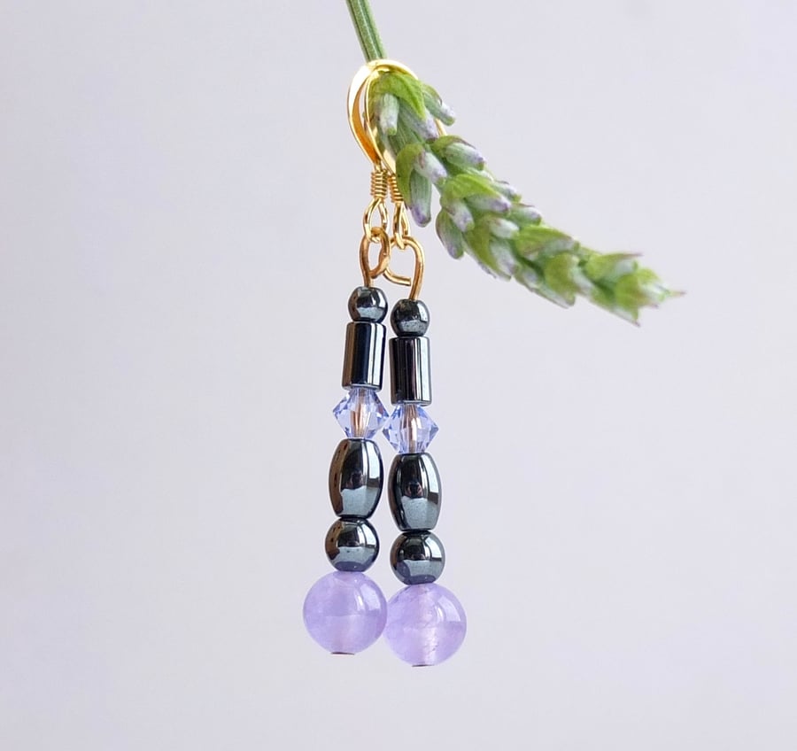  Sky Quartz, Hematite & Swarovski Crystal Drop Earrings -  Handmade in Devon.